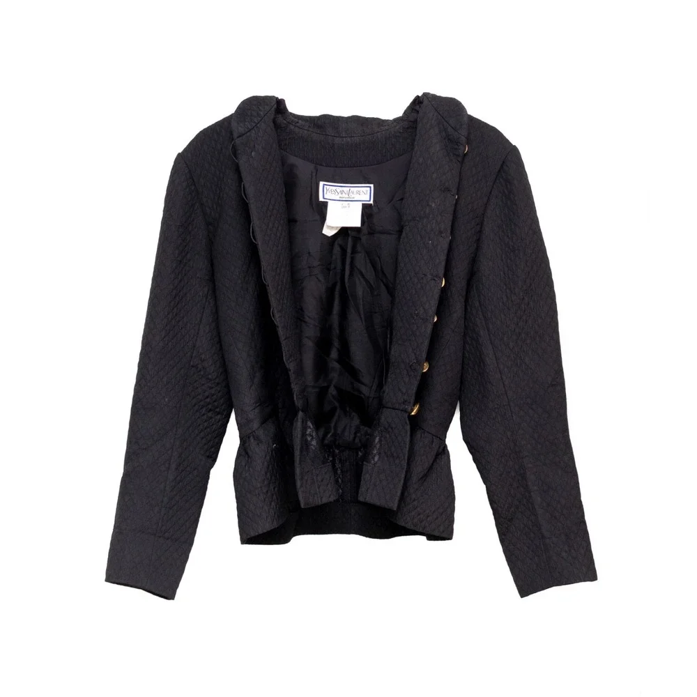 Vntg Yves Saint Laurent Variation Quilted Peplum Jacket Black Gold Button Sz:US8 - Picture 2 of 8
